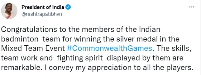 Commonwealth Games 2022 में रजत पदक जीतने पर भारतीय बैडमिंटन टीम को राष्ट्रपति द्रौपदी मुर्मू ने बधाई दी