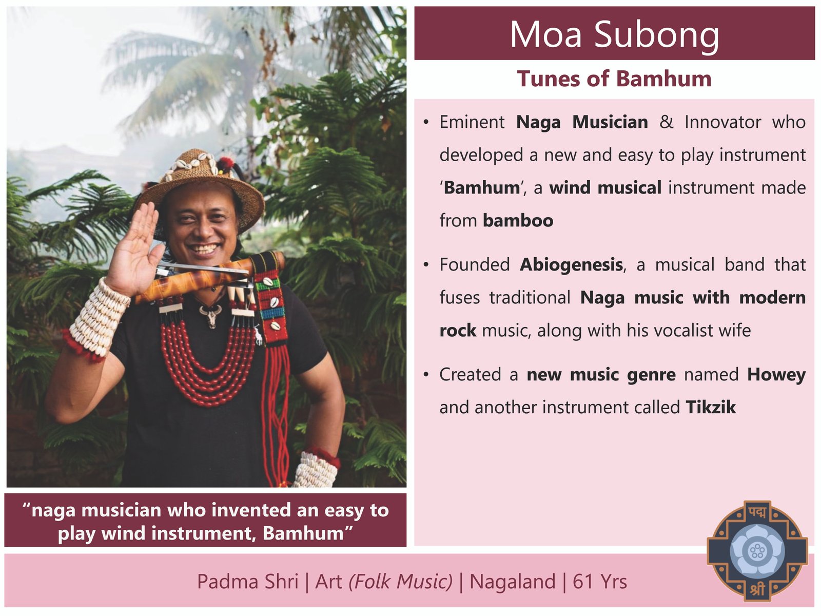 मोआ सुबोंग, कला (लोक संगीत), नगालैंड।