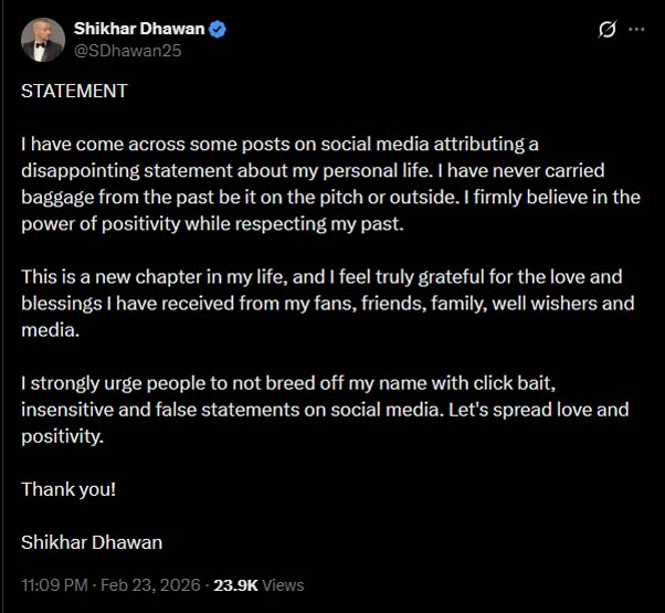 Sports News: दूसरी शादी के बाद Viral Post पर भड़के शिखर धवन, बोले– ‘झूठे बयानों के लिए मेरा नाम इस्तेमाल न करें’ 1 37